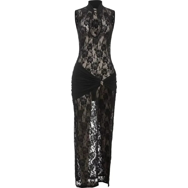 Embroidery Stand Collar Dress Slah Wait Split Hollow Sheath Sheer Coquette