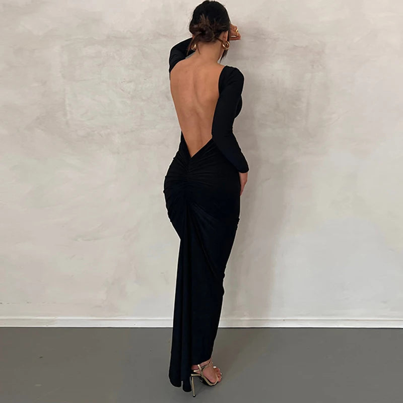 Ruched Backless Long Sleeve Bodycon Midi Dress