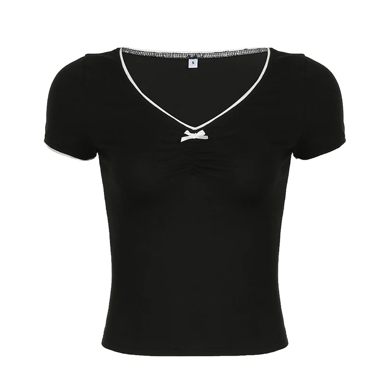 Crewneck Bow Patchwork Tee Shirts Ruched 's Top Pullovers