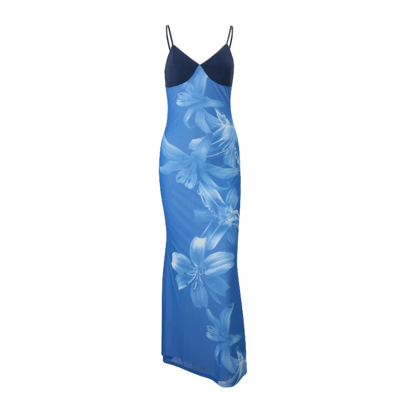Blue Floral V-Neck Bodycon Midi Dress