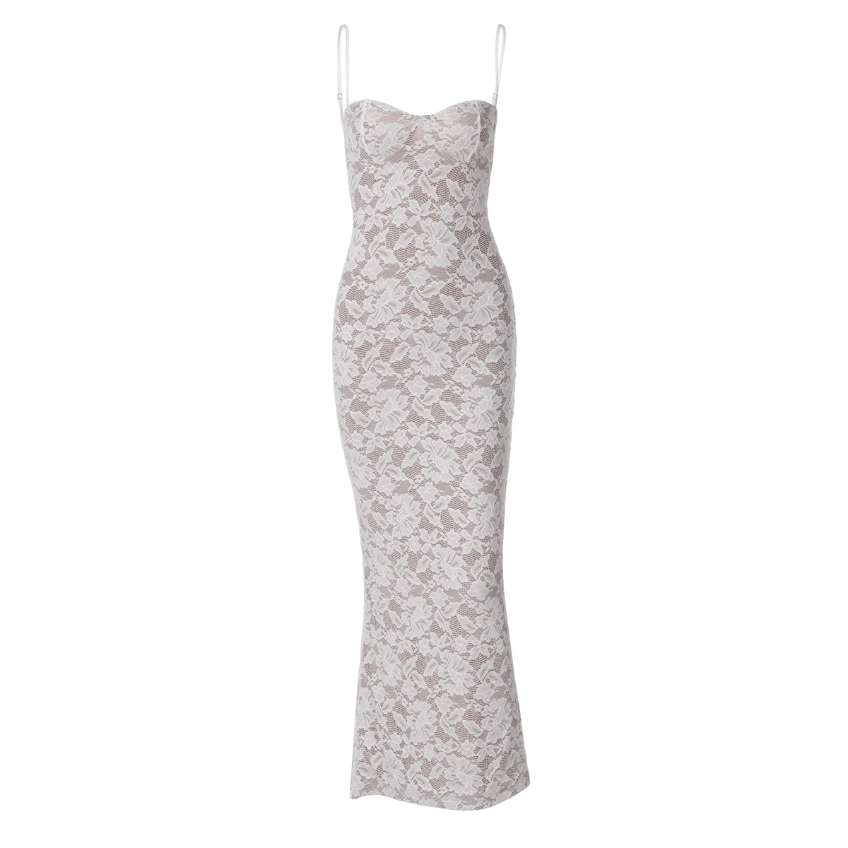 White Floral Backless Mesh Slit Bodycon Maxi Dress