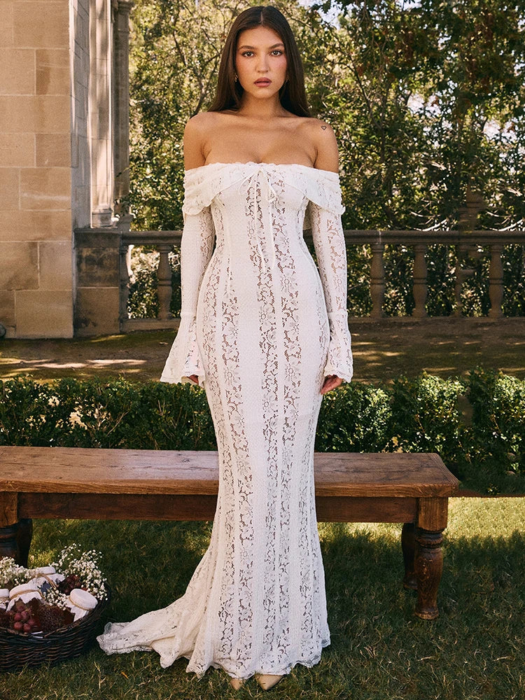 Lace Off-shoulder Maxi Dress Strapless Backless Long Sleeve Bodycon Evening Long Dress