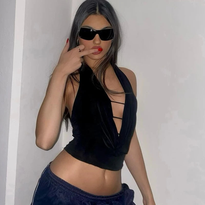 Deep V-neck Halter Top Sleeveless Hollow Out Crop Top Grunge Bandage Camis