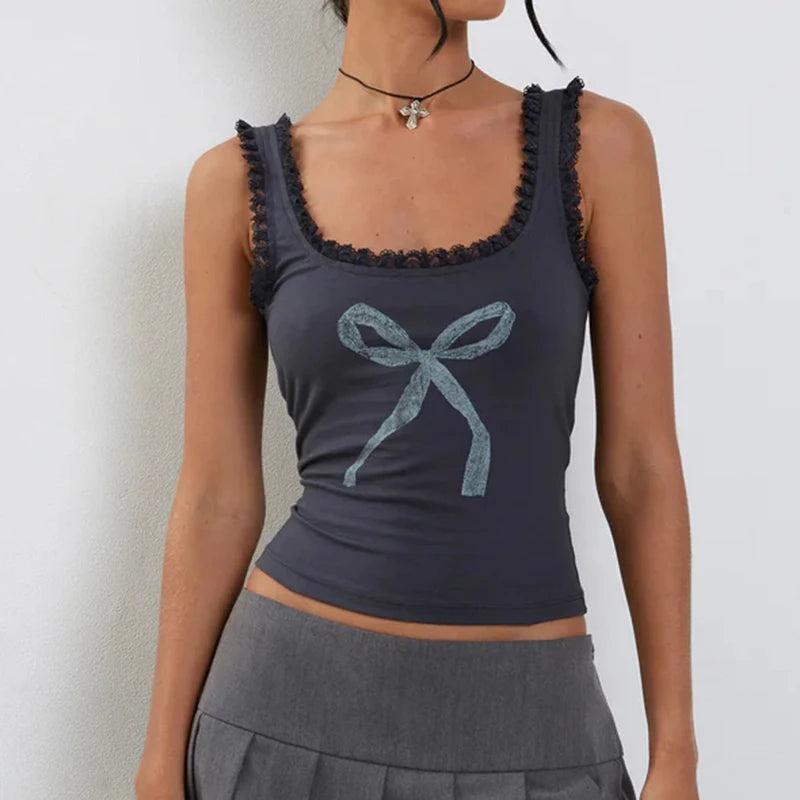 Bow Print sweet Camis Sleeveless Lacework Vests Square Collar Crop Top