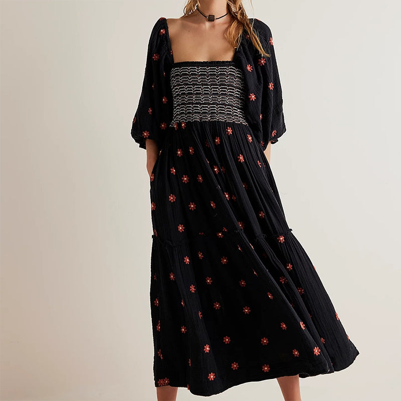 Ruffle Swing A Line Maxi Dress Bohemian Floral Dress Square Neck Long Sleeve Dress