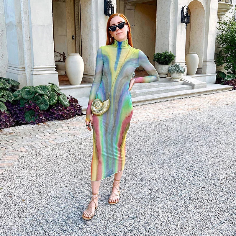 Multi- Long Sleeve Tight Slim Dress Meh See Through Collar Rainbow Dress