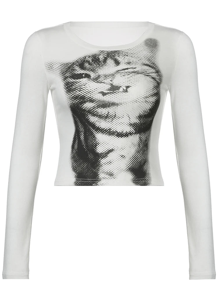 Cartoon Cat Crop Tee Long Sleeve Fairycore Tee