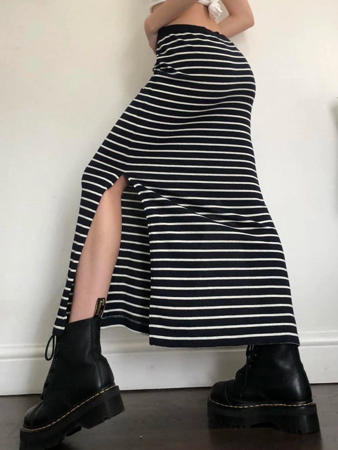 Strip Long Skirt Straight Bottom Slit Skirt