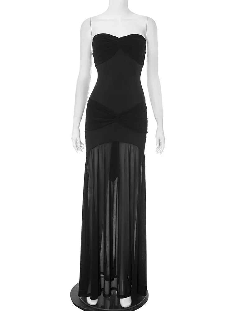Ruched Straple Long Dress Splice See Through Dress Slim Dress
