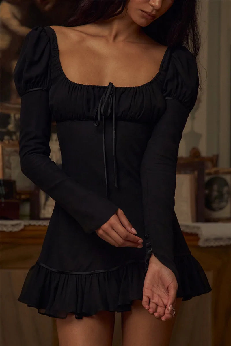 Square Collar Ruffles Chiffon Dress Long Sleeve Lace Up Dress