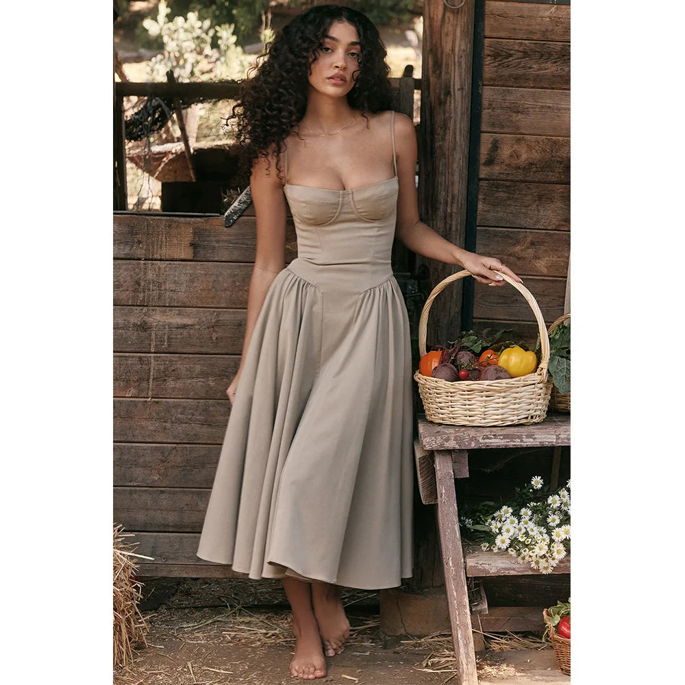 Dress for Pink Spaghetti Strap Midi Dress with Pocket Long Dress