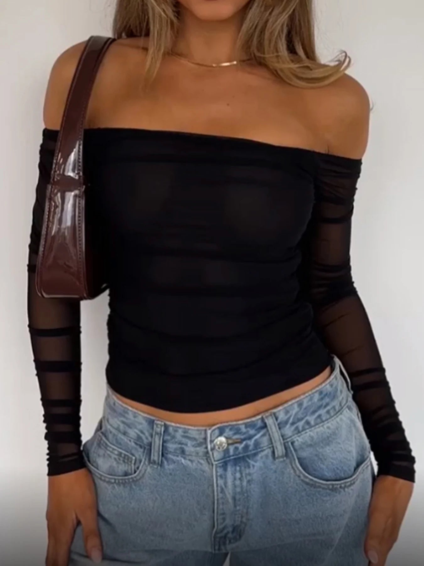 Slah Neck Tee Shirt Meh Patchwork Slim Top