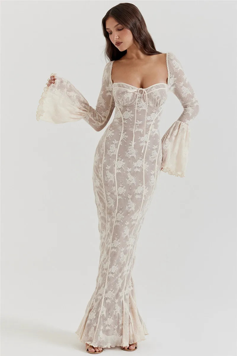Lace Long Flare Sleeve Maxi Dress Square Collar Backless Bodycon Dress