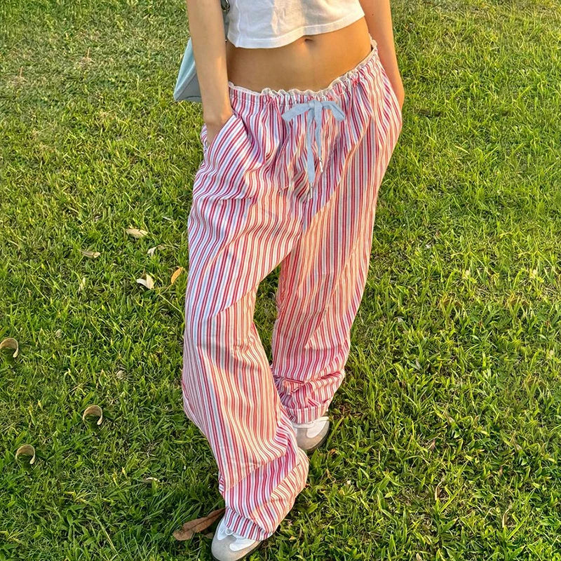 Striped Print Trousers Wide Leg Pants Lace Patchwork Japanese Bottom