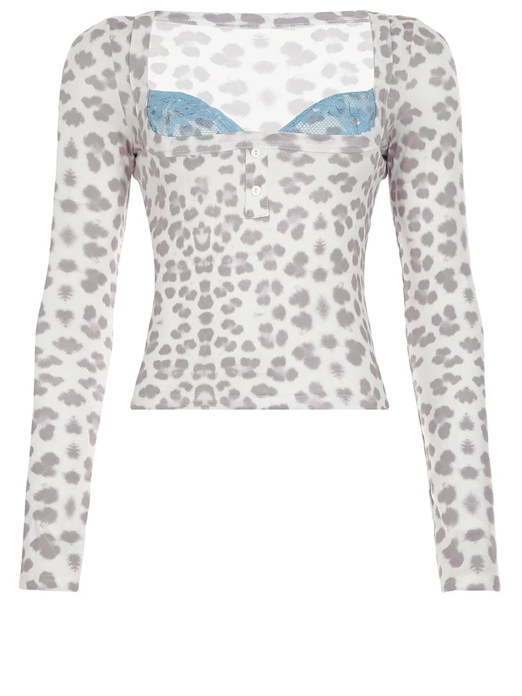 Lace Patchwork Leopard Print T-shirt Long Sleeves s Top