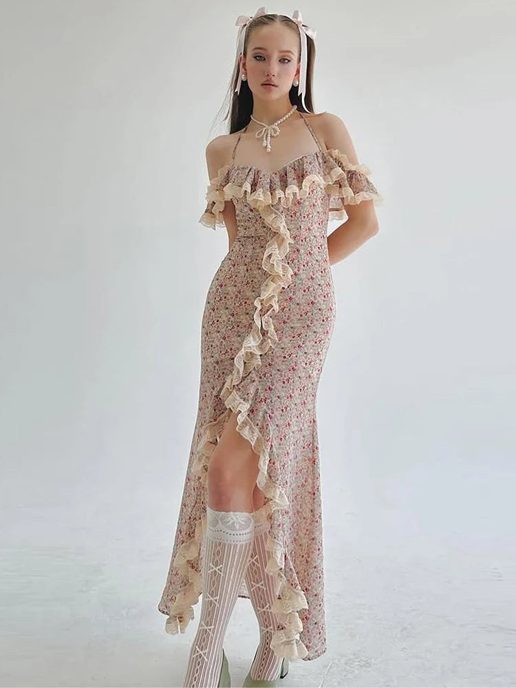 Colorful Maxi Dress High Split Patchwork Lace Folds Irregular Low-Neck Sweet Skinny