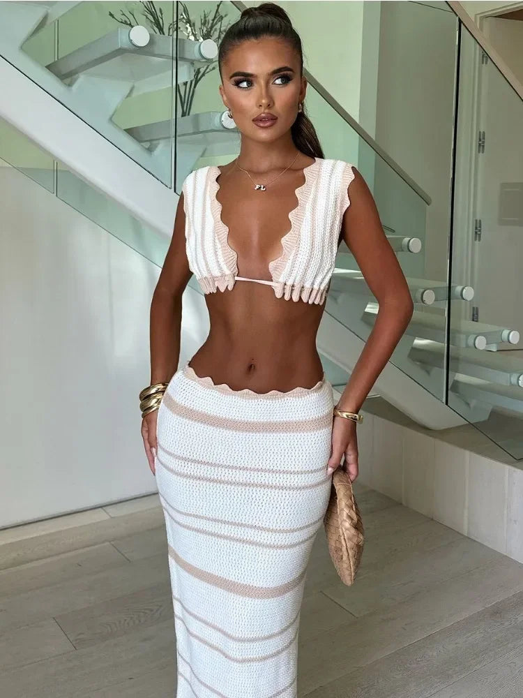 Knit Striped 2 Piece-Set Long Skirt Ruffled V-Neck Contrast Knit Maxi Skirt Sets