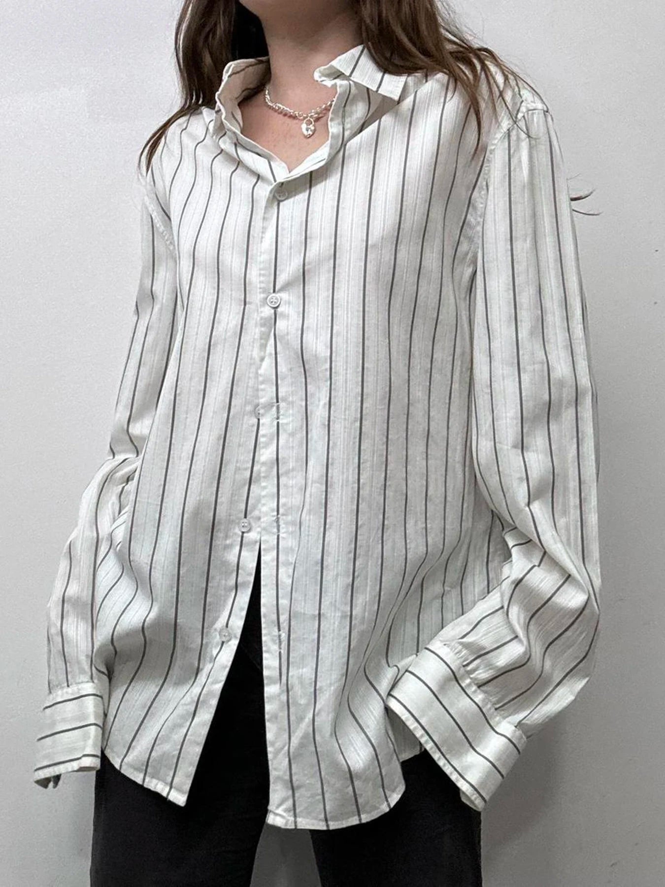 Striped Print Loose Shirt Single-breasted Oversized Blouses Turn-down Neck Top
