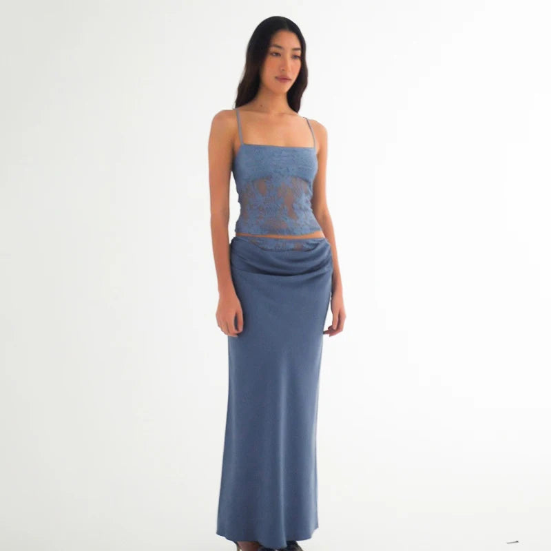 Lace Backless Sheath Camiole Patchwork Pleat Package Hip Skirt Set Set