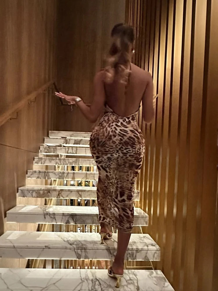 Maxi Dress Backless Coquette v-Neck Snake Print Sleeveless Skinny