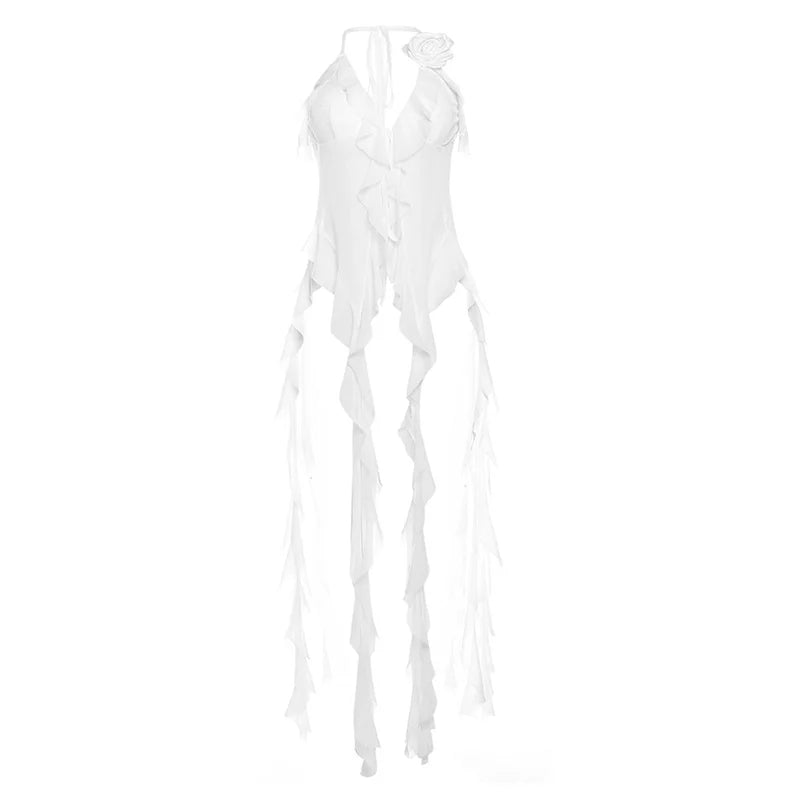 Ruffles Flowers Tank Top Mesh Deep V-Neck Irregular Tassel Halter Backless Camisole Wild