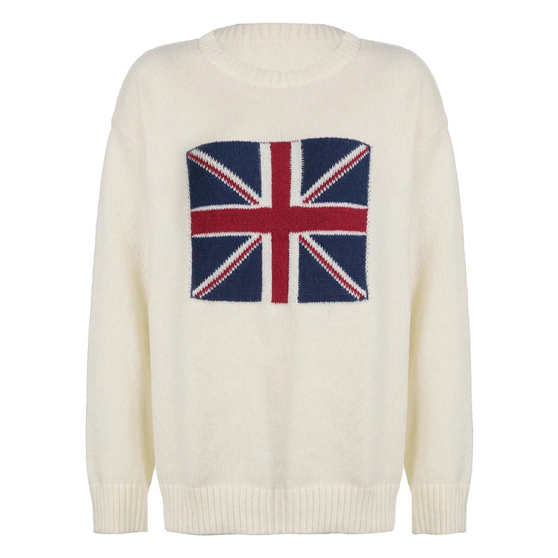 Graphic Patchwork Knitted Sweaters Crewneck Loose Crochet Top Pullovers