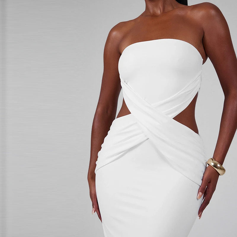 'S Strapless Backless Waistless Hollow Out Cross Slim Open Long Dress Dress