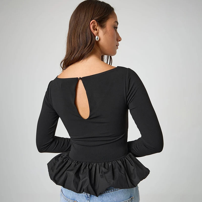 Round Neck Top Long Sleeve Slim Fit Mini Puffy Hem Deign Top
