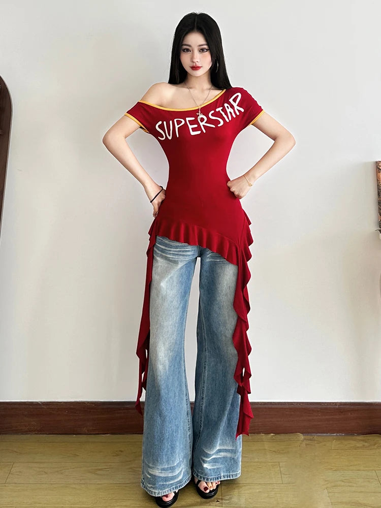 Incline Shoulder Letter T-hirt Ruffle Splice Tael Tee Top