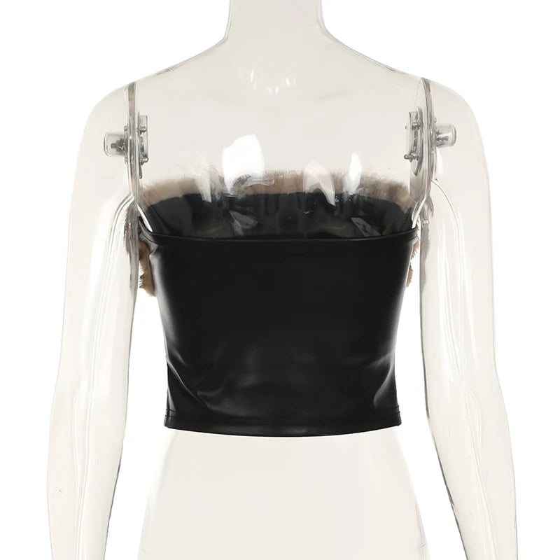 Furry Two Pieces of Sets Backless Strapless and Mini Skirts Slim PU Cloth