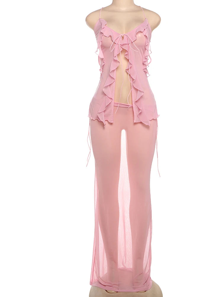 Mesh See Through Shirring Two Piece Set Irregular Ruffles Backless Top Long Skirt