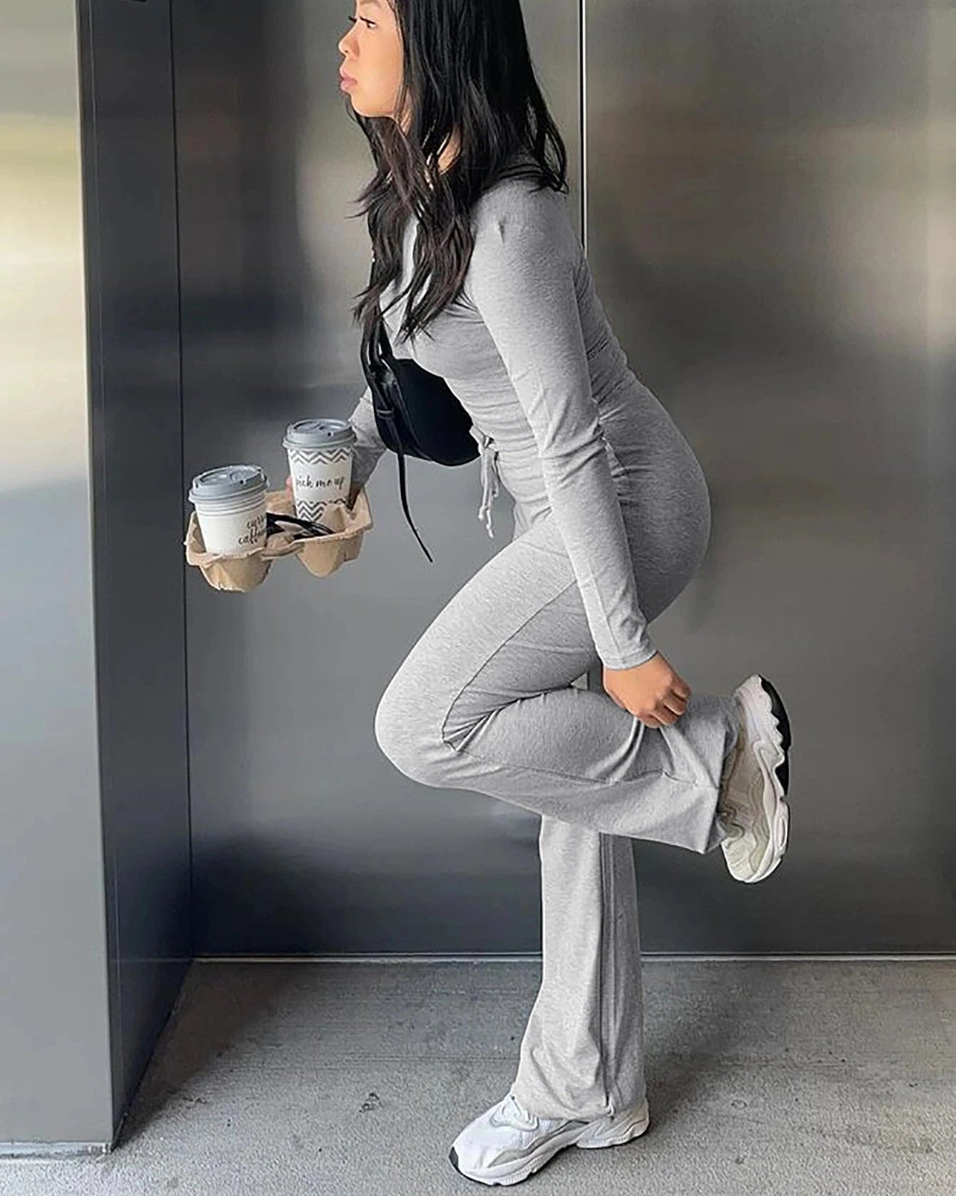 Long Sleeves Bodycon Crop Top And Drawstring Flare Pants Matching Set