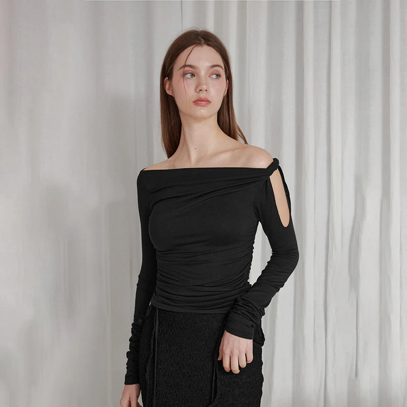 Oblique Collar One Shoulder Tie Long Sleeve Top Ruch Pullover