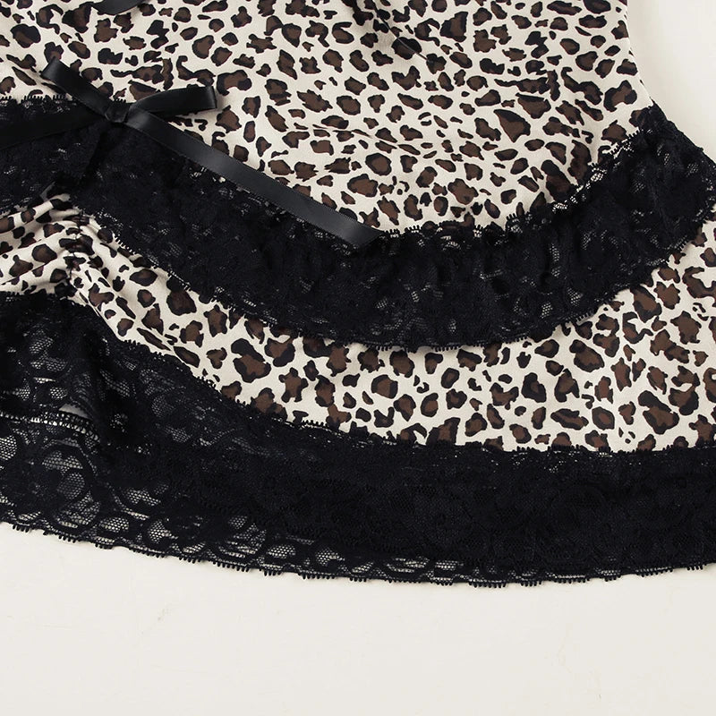 Lace Patchwork Camisole Leopard Print Backless Top V-neck Sleeveless Fairycore