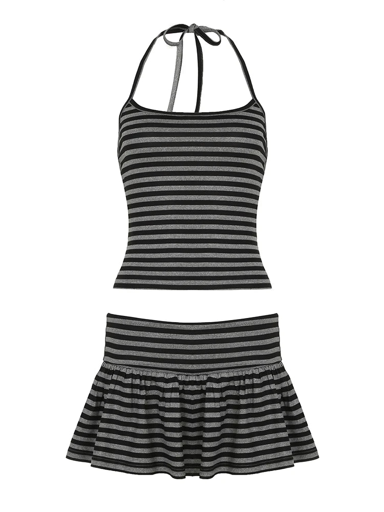 Striped Print Two Pieces of Sets Halter Neck Camisole and Mini Skirts