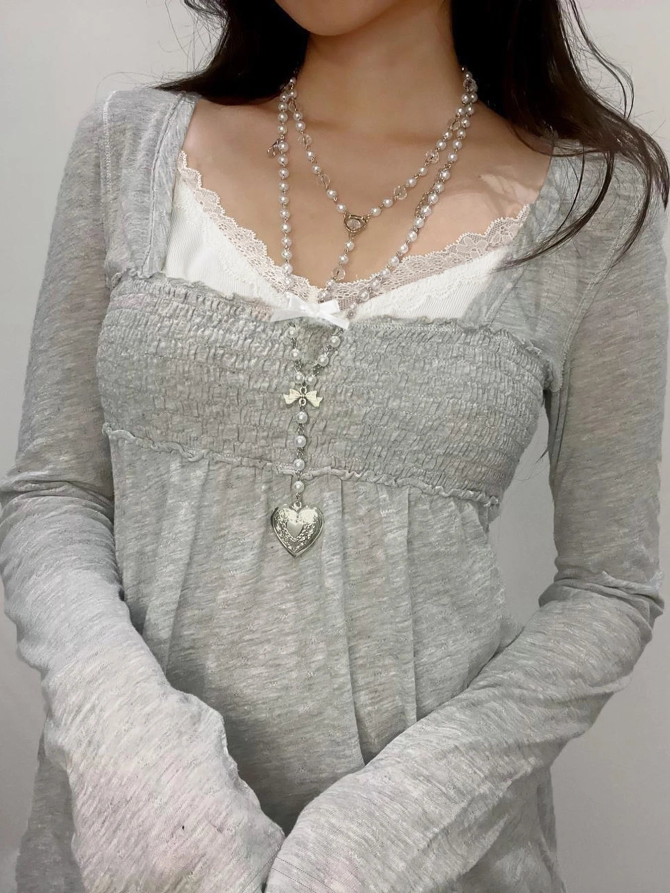 Lace Patchwork Square Collar T-Shirts Long Sleeved Top
