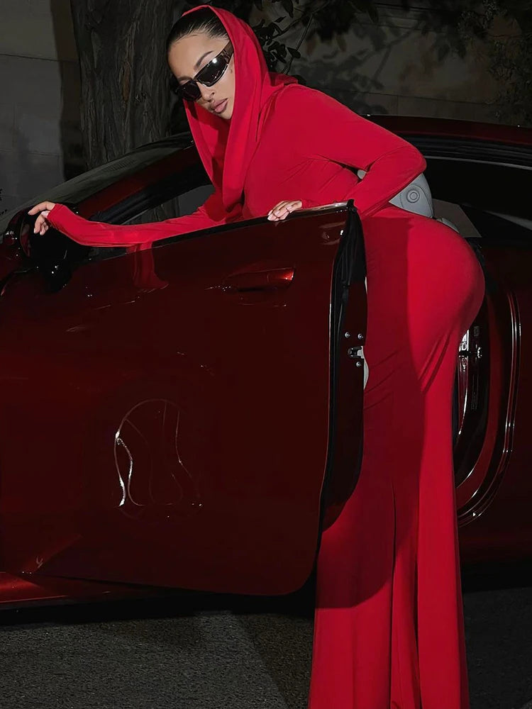 Hooded Long Sleeves Bodycon Maxi Dress