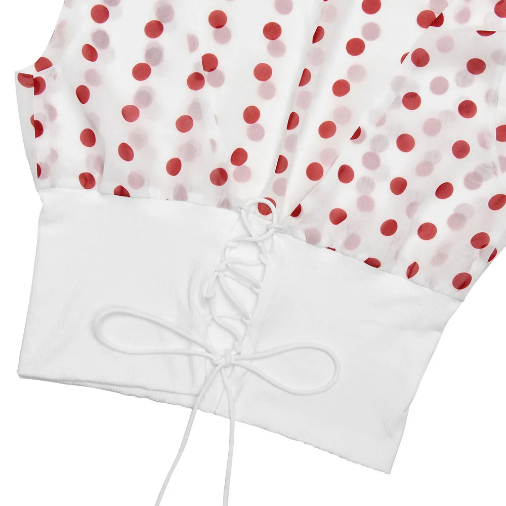 JULISSA MO Off Shoulder Print Polka Dot Top White Patchwork Backless Bandage Top Spring Slim