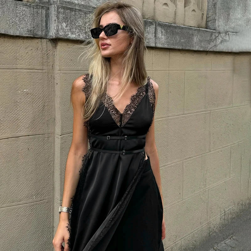 Sleevele Lace Patchwork Sling Split Dress