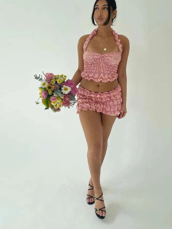 Pink Silky Top and Mini Skirt Set