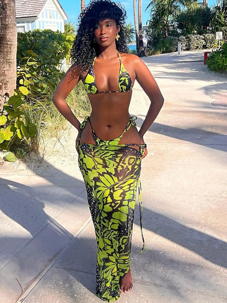 Matching 2 Piece Set Halter Bikini Top Under Bandage Split Maxi Skirt
