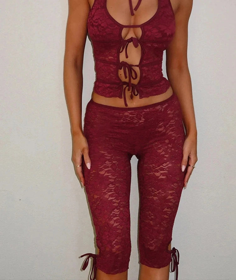 Two Piece Set Coquette Hollow Tank Top Shorts Matching Matching