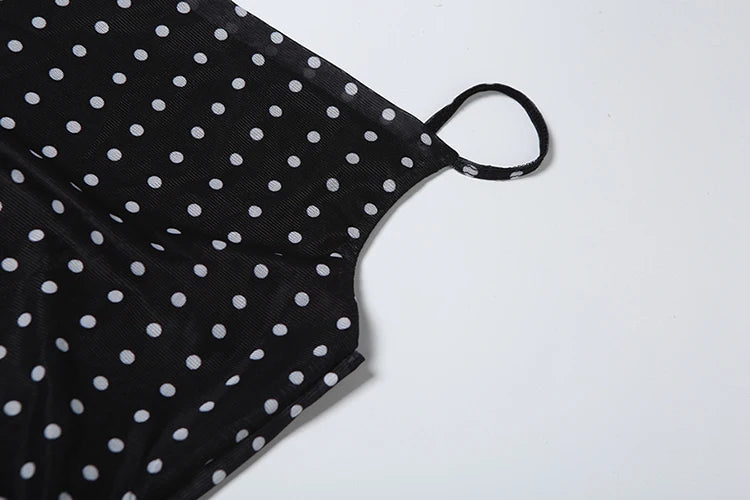 Polka Dot Print Dress Mesh Double Deck Backless V-Neck Street Skinny