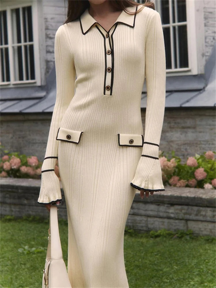 Ruffled Knit Dress Ribbed Contrast Long Sleeve High Waist Lapel Gown Dress Knit Ladies Maxi Dress