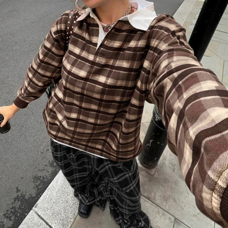 Retro Plaid Pullovers Turn-down Collar Loose Sweatshirts Brown