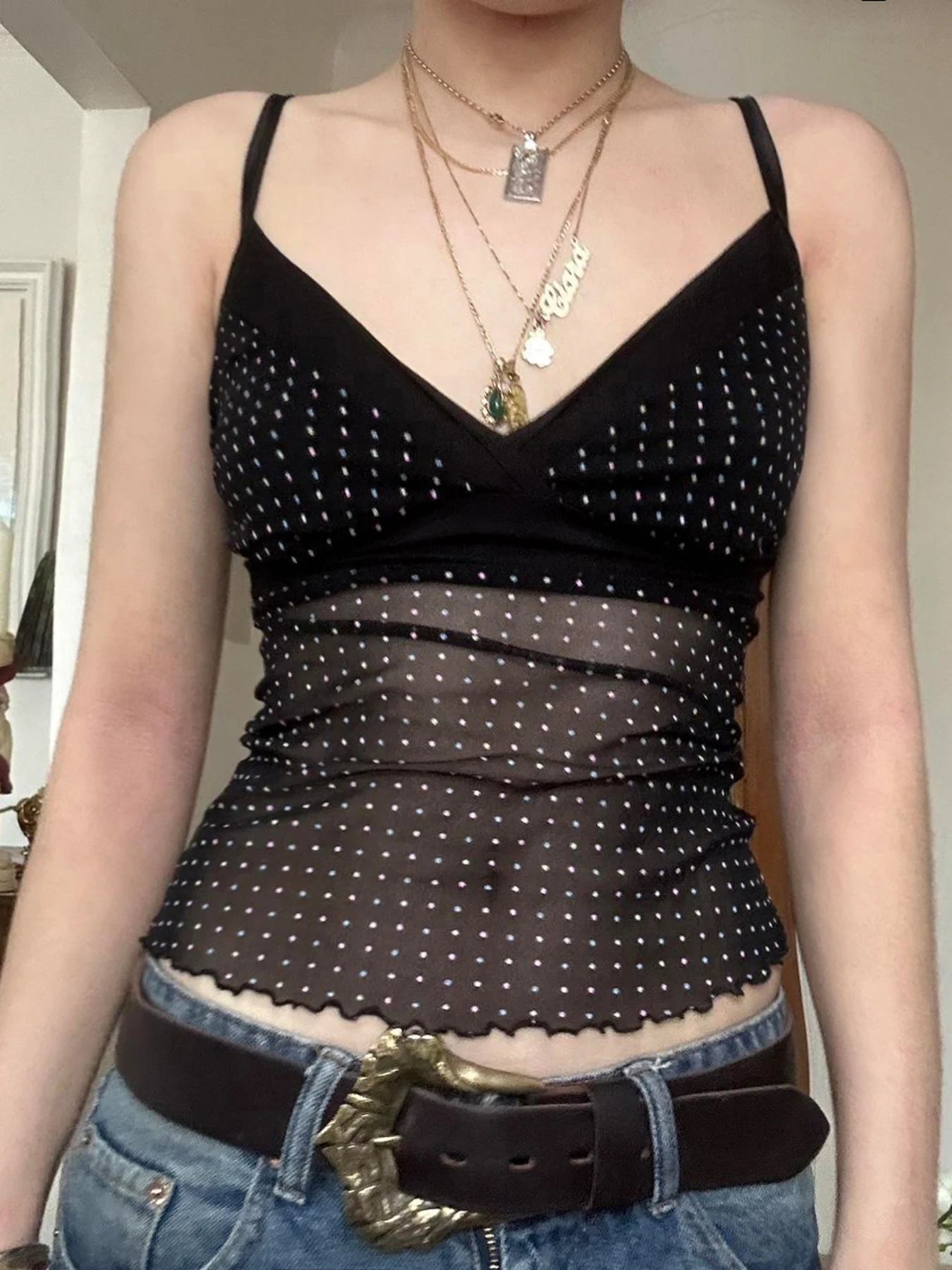 Dot Print Crop Bustiers V-neck Transparent Patchwork Sleeveless Camisole Backless