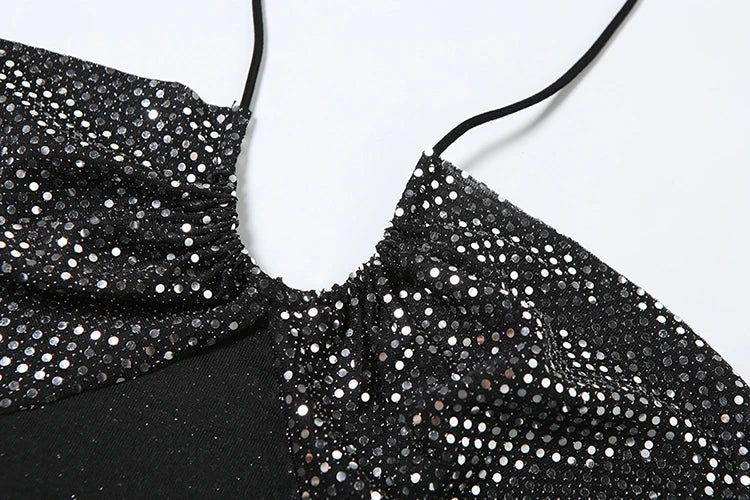 Sequins 2 Piece Set Halter 3D Flowers Camisole Knot Skirts Matching
