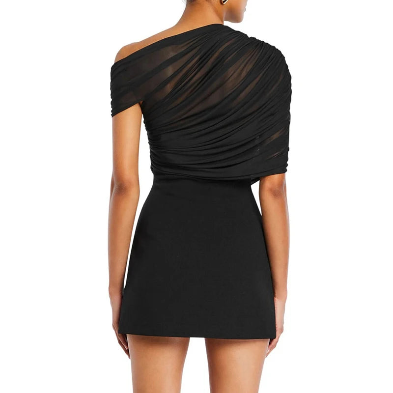'S Spring And Color Sleeveless Slant Collar Single Shoulder Mesh Patchwork See-Through Dress