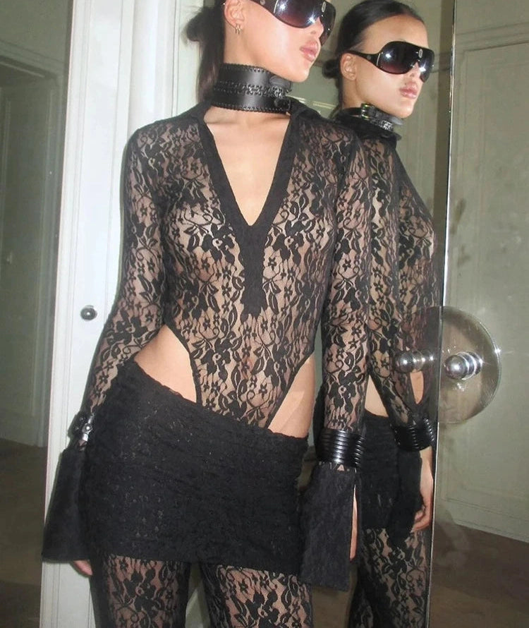 Stacked Lace Pants Solid See Through High Waist Slim Trouser Solid Stunning Bottoms