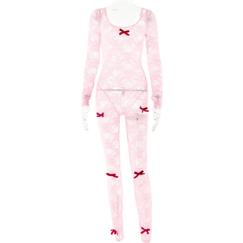Lace Transparent Thin Solid Jumpsuit Long Sleeve Slim Fit Sheer Night Street Jumpsuit